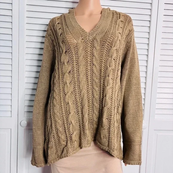 TALBOTS Brown Mercerized Cotton Hooded Cable Knit Sweater Size 3X