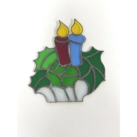 Vintage Stained Glass Christmas Suncatcher Holly Leaves and Candles Decor