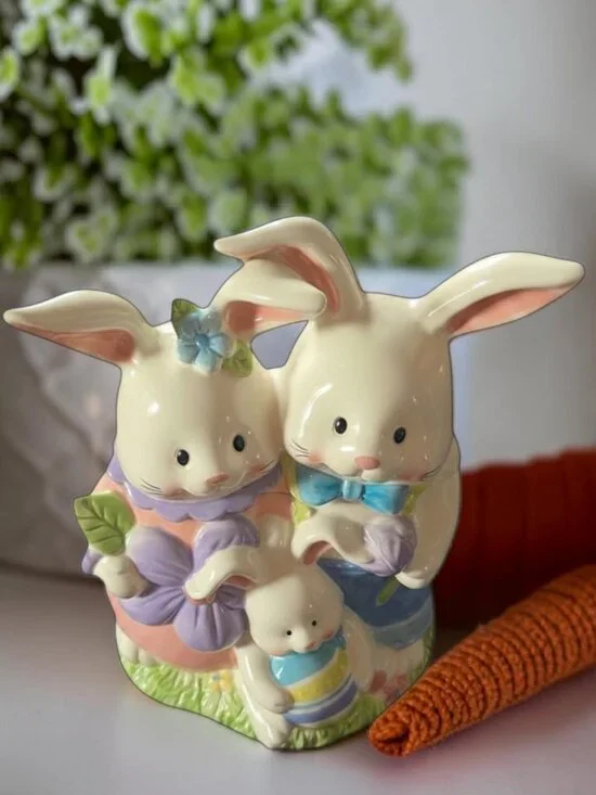 EUC BUNNY RABBIT FAMILY Ceramic Easter Cookie Jar Blossoms & Blooms