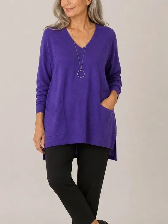Eileen Fisher Merino Wool Tunic Sweater Purple V Neck Pockets PL Petite