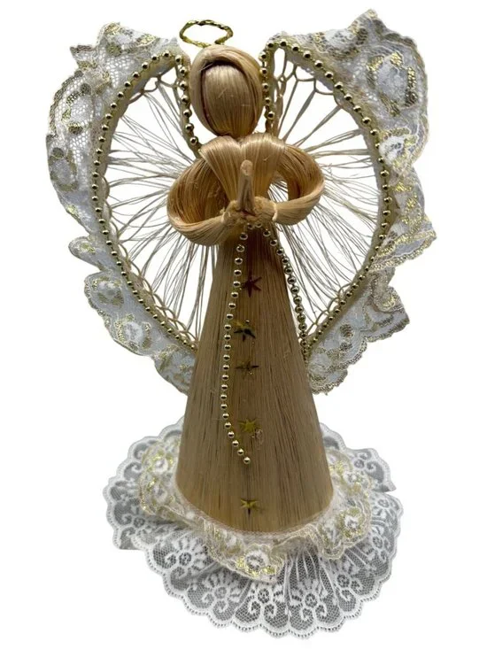 Handcrafted Straw & Lace Angel Figurine With Gold Bead Accents & Halo READ