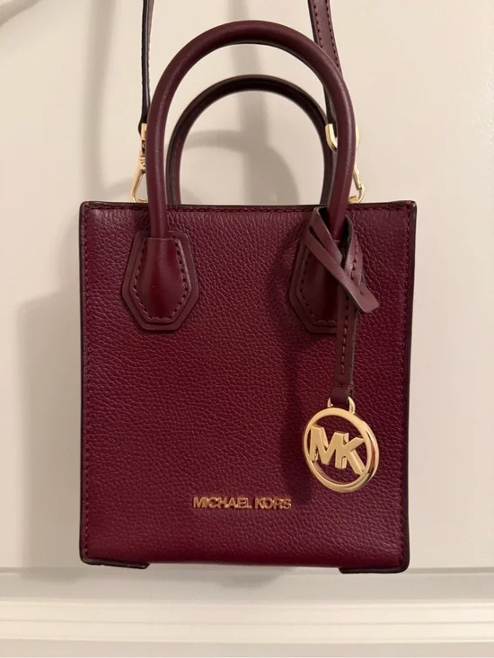 Michael Kors Burgundy Leather Mini Tote with Gold MK Charm