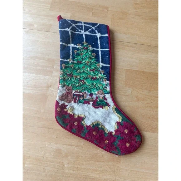 Needlepoint Christmas Stocking With Tree Toys Bear Doll Train Velvet Back Wool