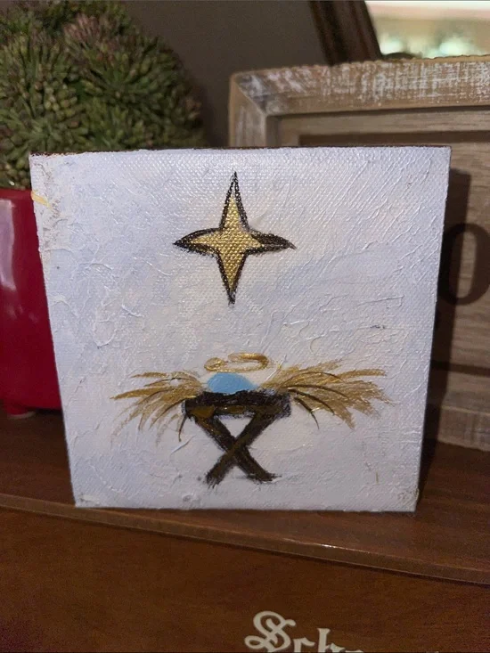 Hand-Painted White & Gold Nativity Manger Canvas - Home Holiday Décor