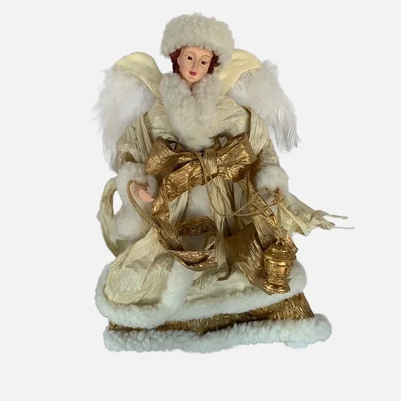 Vtg Paper Mache Fabric Faux Fur Angel Tree Topper Table Decor Cream Gold 16