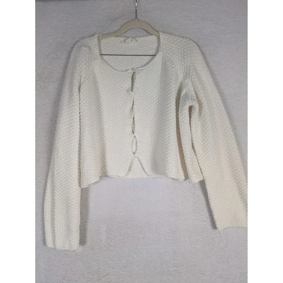 One Loved Babe Cardigan Women M Cream Cropped Textured Button Up Long Sleeve