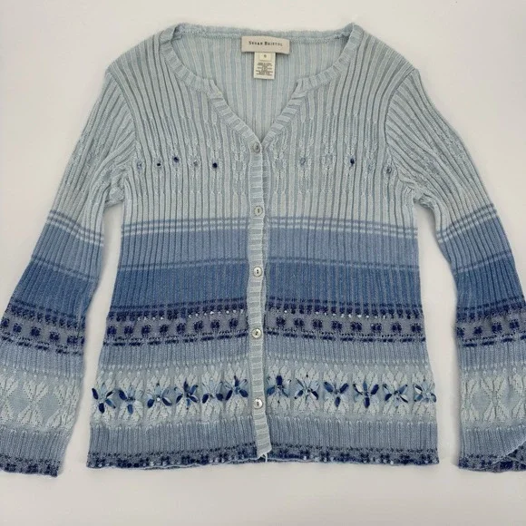 Susan Bristol Blue Gradient‎ Knit Cardigan Floral Embroidery Cottagecore Small