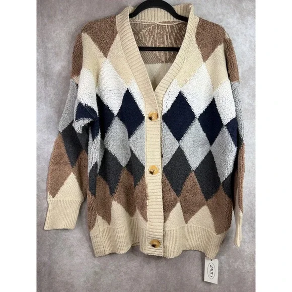 NWT Cider Cardigan Women Medium Multicolor Argyle Oversized Fuzzy V-Neck