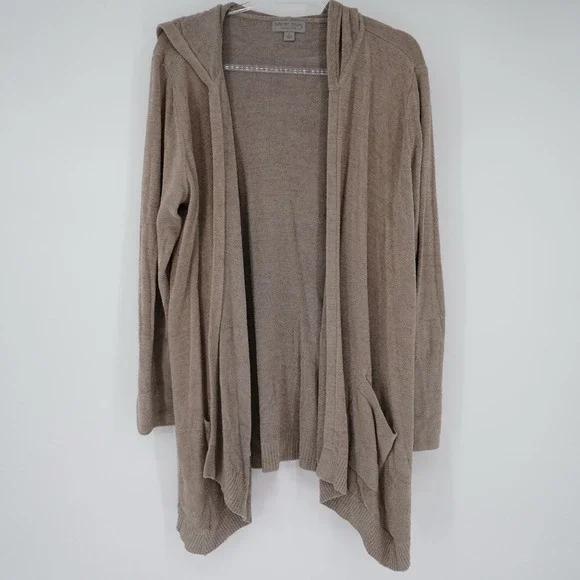 Barefoot Dreams Resort Cozychic Lite Hoodie Cardigan Light Brown Long Open Large