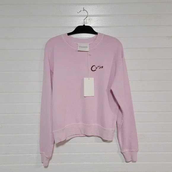 NWT Closed Pink Embroidered Logo Crew Neck Sweatshirt‎ Size Small Oyster