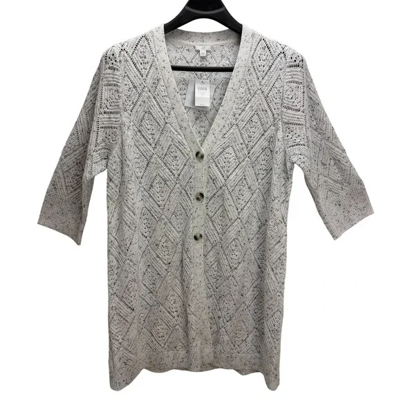 J. Jill 2X‎ Soft Neutral Marled Knit Long Button Cardigan Sweater Open Weave