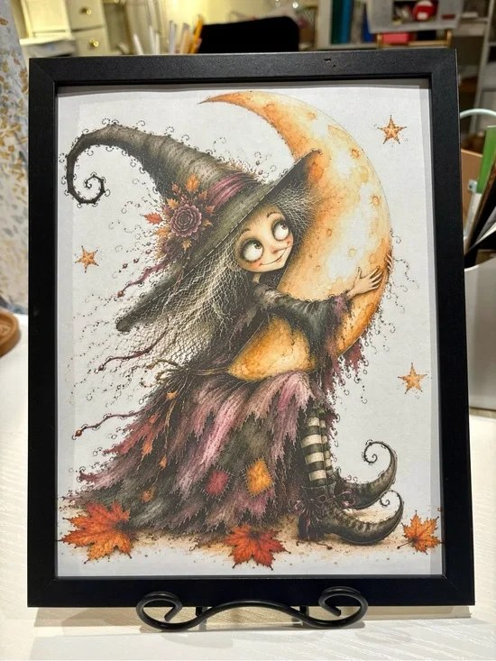 Autumn Witch & Moon Framed 8x10 Wall Art Print - Black - Seasonal Home Decor