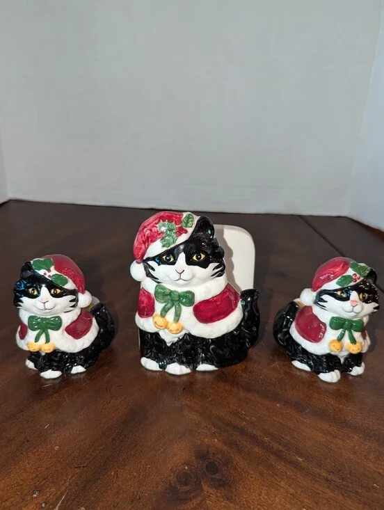 VTG Otagiri Japan Cindy Sugawara Christmas Tuxedo Cat Napkin Holder Candle Set