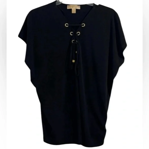 Michael Kors Medium short sleeve solid black blouse with Grommet lace up front