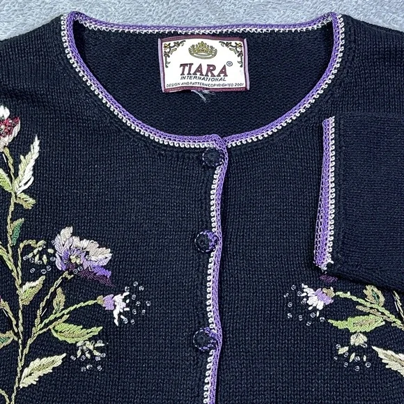 Tiara International Floral Embroidered Knit Artsy‎ Cardigan Sweater Purple Trim