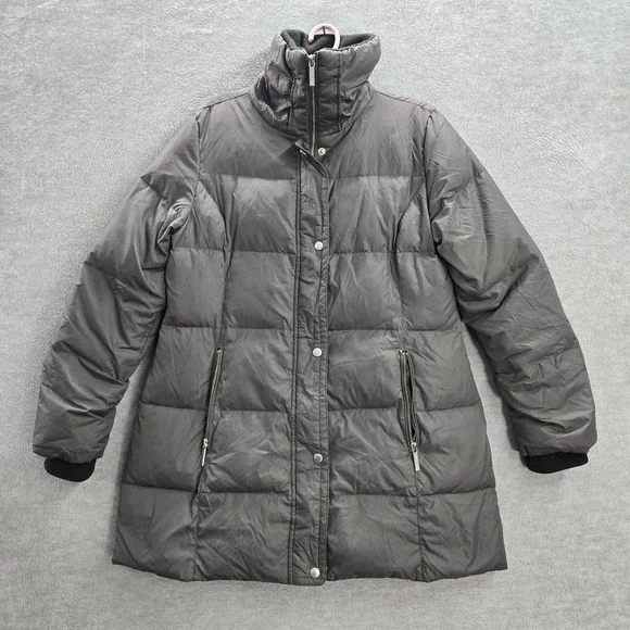 Michael Kors Women Jacket Medium Gray Down Puffer Full Zip Pocket Neck‎ Pockets