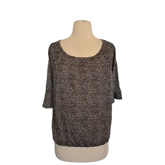 Michael Kors Womens Leopard Print Scoop Neck Bubble Hem 3/4‎ Sleeve Blouse Tan