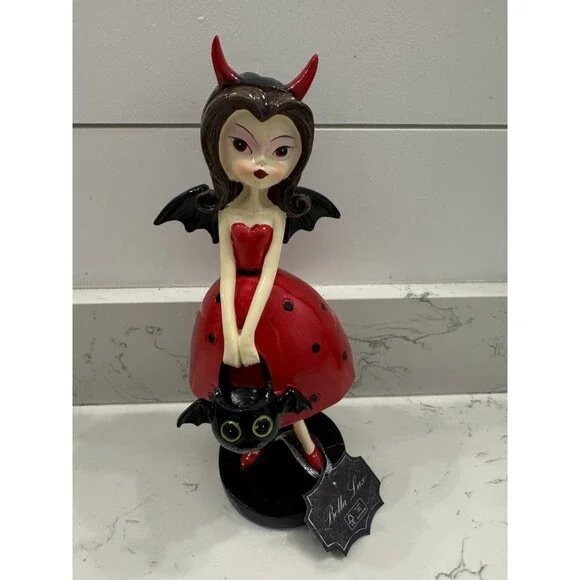 Halloween Bella Lux Devil Bat Girl Figurine Red Polka Dot Dress  Horns