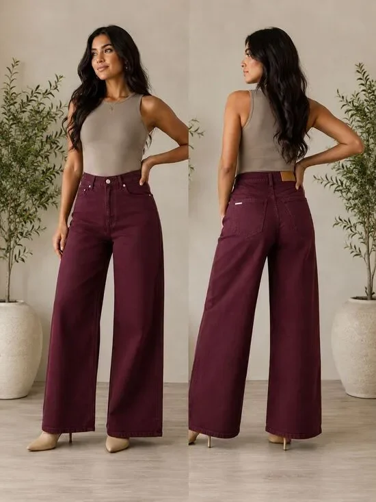 Michael Kors Carmen Wide Leg Jeans Womens 10 Merlot Burgundy High Rise NWT