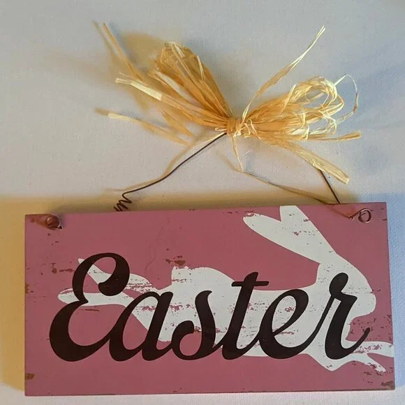 NWT Rustic Pink Easter Bunny Sign Farmhouse Spring Home Decor Rabbit Raffia Wood