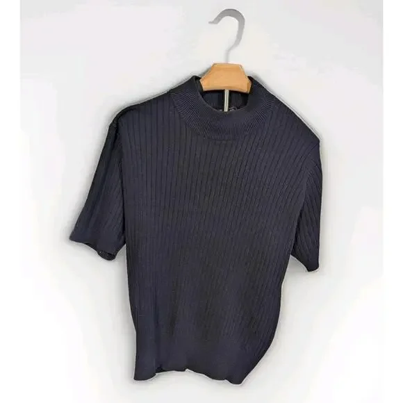 Laura Scott Size L Womens Blue Cotton Short Sleeve‎ Mock Pullover Sweater
