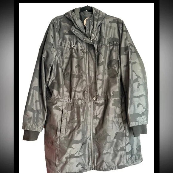 Michael Kors Women’s Water Resist Anorak Jacket Black Camo Hooded Snap Zip Sz 2X