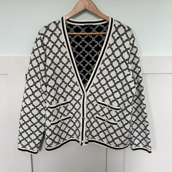 Talbots V-Neck Cardigan Lattice Jacquard XL Black Off White Career Casual Preppy