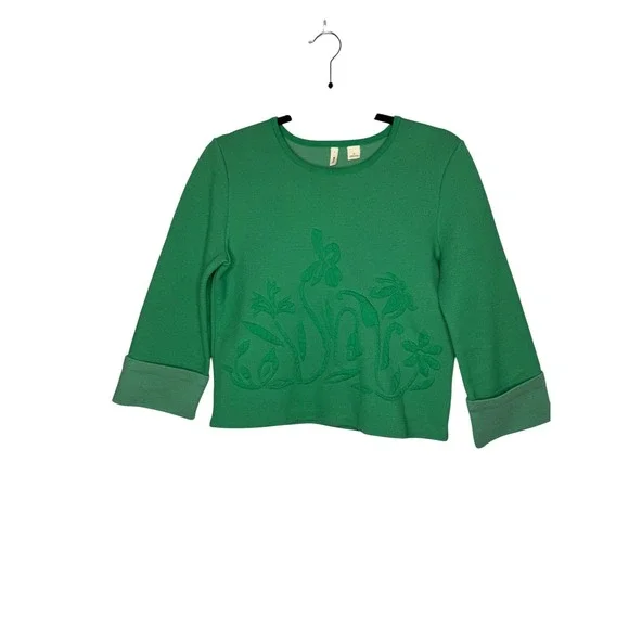 Moth Anthropologie Green Floral 3D Embroidery Knit Sweater XS 3/4‎ Sleeve