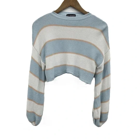 Womens L‎ Blue Striped Cropped Sweater Y2K Preppy Retro Casual Aesthetic Top