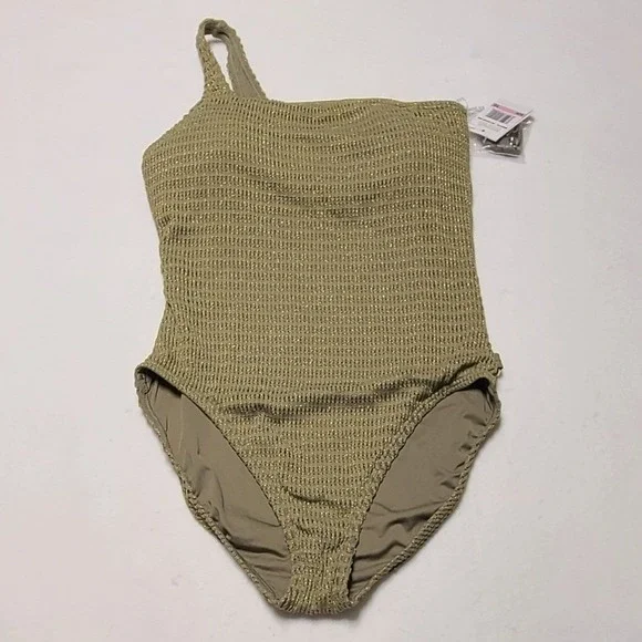 Michael Kors‎ One Shoulder Swimsuit Safari Green Metallic Textured Size 10