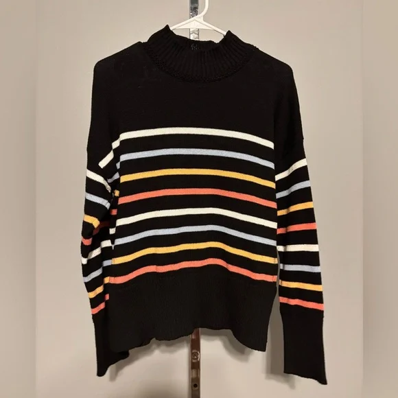 Joie Women's Sweater Mock Neck Black with Multi Colored Stripes Size‎ Small EUC