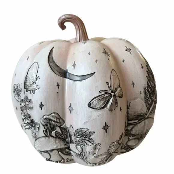 Pink Celestial Etched Halloween Pumpkin 10in Fall Butterfly Fern Forest NEW