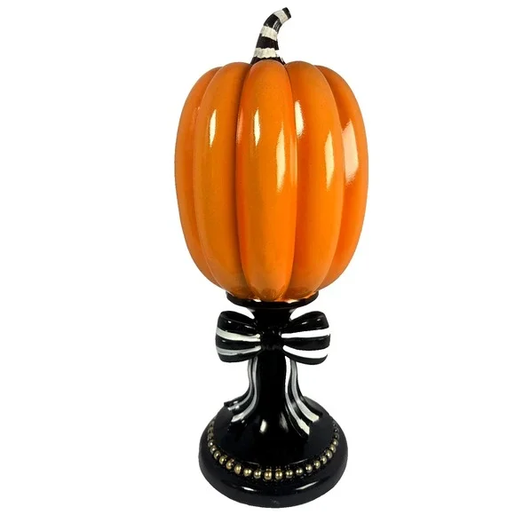 HallowHome Pumpkin Pedestal Decor 16 Inch Orange Black White Bow New Whimsical