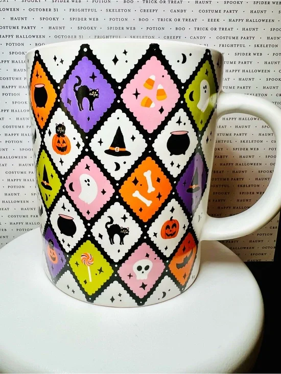 Halloween Diamond Pattern Ceramic Mug  Ghost Cauldron Candy Witch Hat Skull Bat