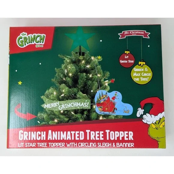 Grinch Sleigh Animated Christmas Tree Topper by Mr. Christmas - new