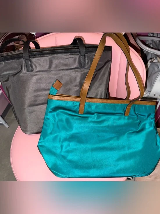 2 Michael Kors Nylon Totes- One Tan Trim and Teal & One Black Trim & Charcoal