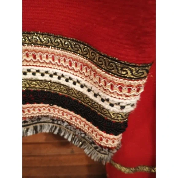 Embellished Cardigan Sweater Chicos Size 2 Red Gold Black Ornate‎ Trim Boho