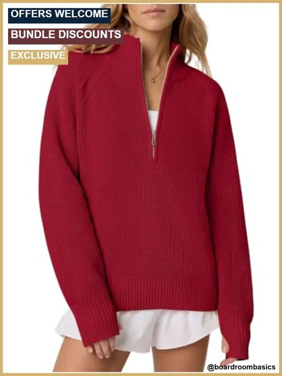 Womens Waffle Knit Quarter Zip Pullover Sweater Loose Fit Long Sleeve Thumb