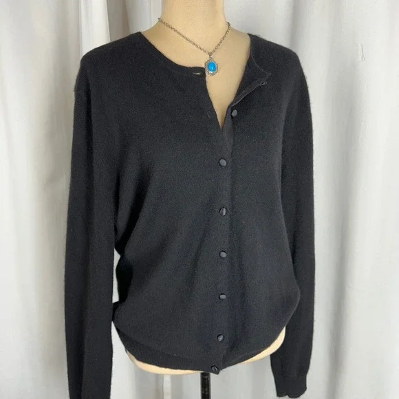 Peck & Peck Pure Cashmere Black Cardigan Sweater XL 2 Ply Button Front READ