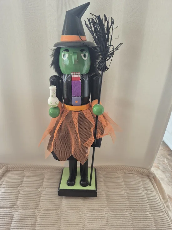 Wooden Witch Nutcracker Green & Orange