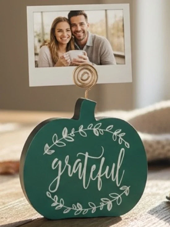 “Grateful” Pumpkin Placeholder Photoholder Wooden & Metal Fall Decor Green