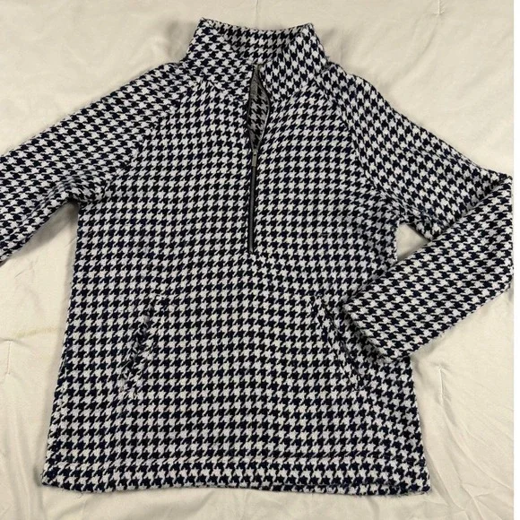 Lulu-B Navy Blue White Houndstooth Quarter Zip Pullover Mock Neck Top‎ Womens XS