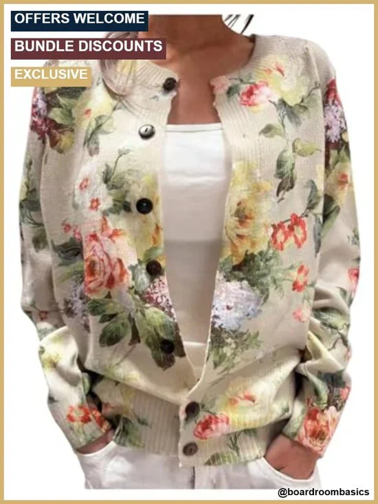 Women's Floral Cardigan Sweater Button Up Knit Long Sleeve Fall