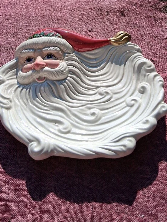 Fitz and Floyd Ceramic Santa Face Serving Platter - Red, White, Gold