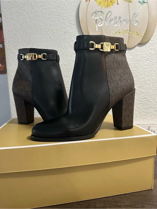 Michael Kors Black Leather & Brown Logo Block Heel Ankle Boots with Gold Accent