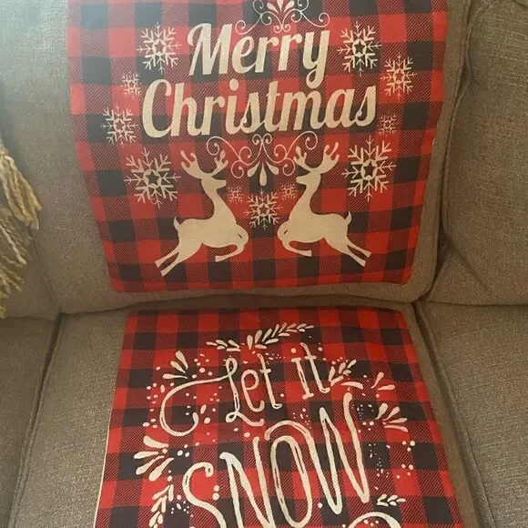 Set of 2 Holiday Pillows Buffalo Check merry Christmas and Let it Snow 17x17