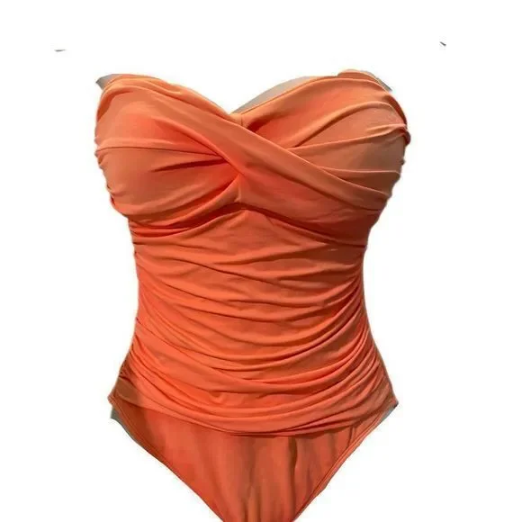 La Blanca Ruched Swimsuit-6 coral orange , nylon spandex , figure flatte…