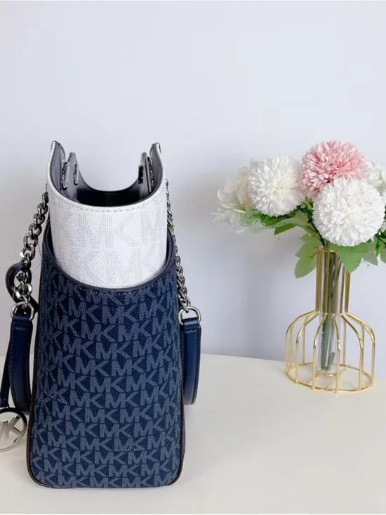 Michael Kors Navy & White MK Signature Crossbody Bucket Bag