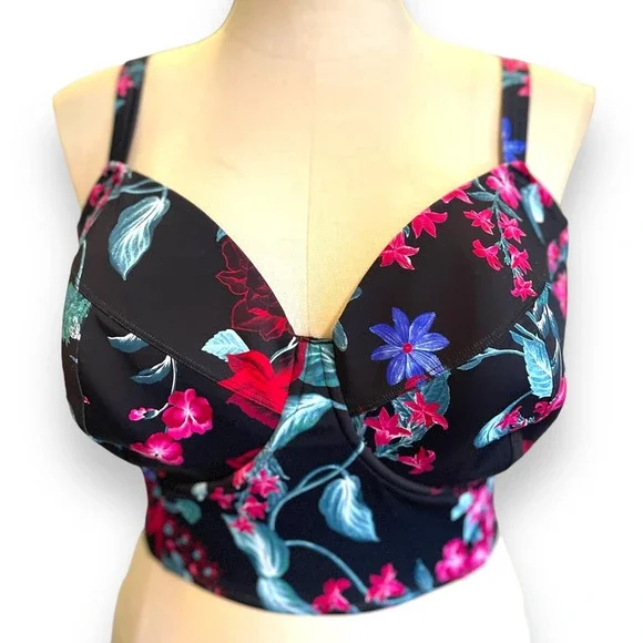 New Torrid 6 (6X) Bra Cup‎ DD/F Black Underwire Padded Longline Bikini Swim Top