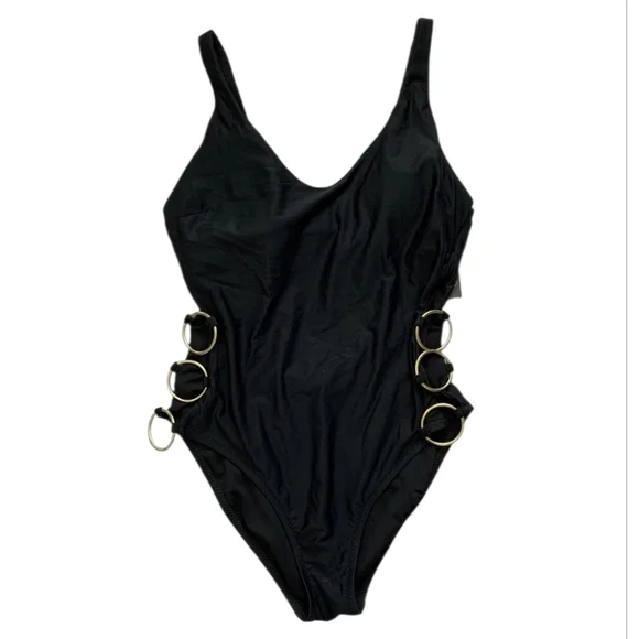 Mossimo One Piece Swimsuit‎ Women's Size S Solid Black Cutout Sides Metal Rings
